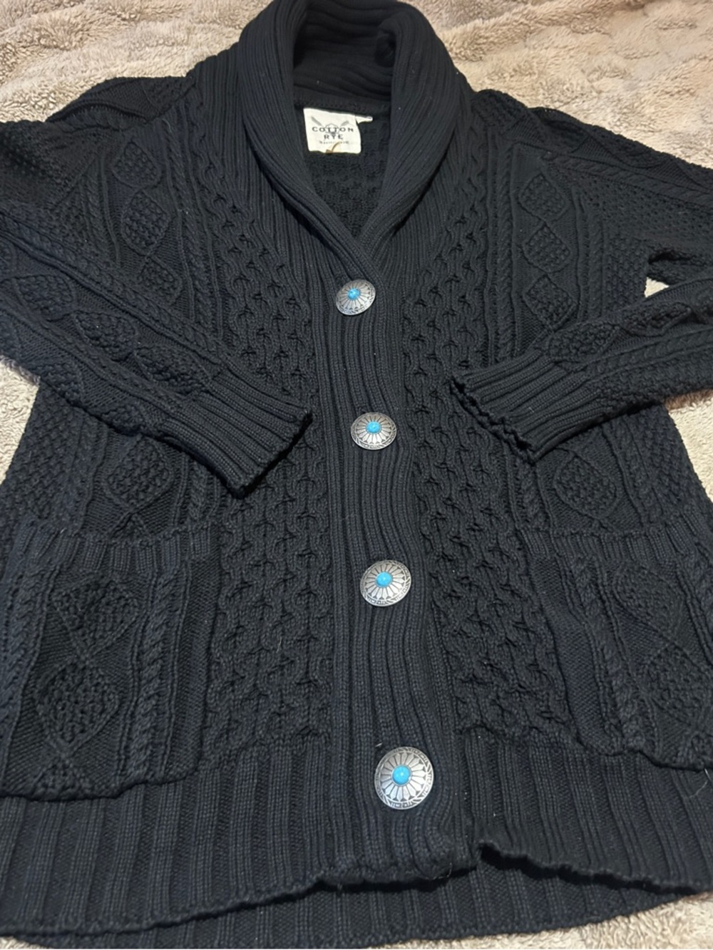 Western Cotton & Rye Black Cable Knit Cardigan Sweater Size Small Button Front